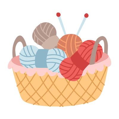 wicker basket with variety of different balls and yarn for knitting. cozy atmosphere. Handmade. flat colored isolated illustration. postcards, packaging, social media posts, theme of care and coziness