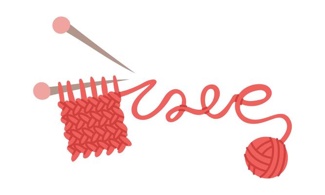 Mini knitted scarf with the word Love spelled out in thread. Handmade isolated theme. Cozy atmosphere. Flat color illustration. For websites about knitting, handicrafts, printed products, or hobby