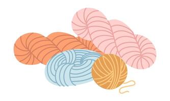 variety of colorful knitting yarns. Round, elongated, and twisted. An isolated group of handcrafted. cozy atmosphere. flat color illustration. For designing websites about knitting, handicrafts, hobby vector