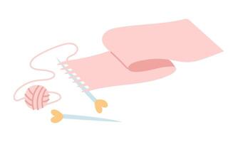 scarf is knitted using needles and cotton threads in a ball, hand-made. cozy atmosphere. flat, colored, isolated illustration. For postcards, packaging design, posts, prints, and romantic projects vector