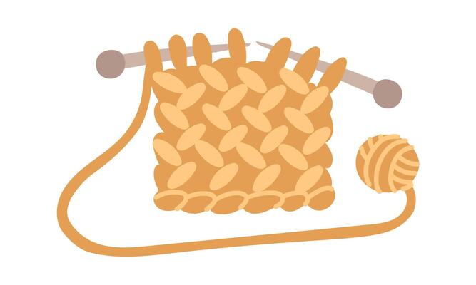 Knitting with straight needles. Beige ball. Cozy atmosphere. Handmade for others. Flat color isolated illustration. For postcards, packaging design, social media posts, theme of care and coziness