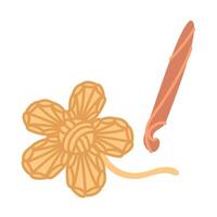 Crochet flower. Soft object and wooden hook. Handmade isolated theme. Cozy atmosphere. Flat color illustration. For websites about knitting, handicrafts, apps, blogs, printed products, or hobby items vector
