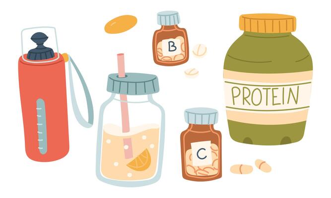 set of items related to a healthy lifestyle. bottle of water, lemonade drink, protein, vitamins for health. flat color illustration. For posters, menus, clothing, and blogs, fitness, sporty lifestyle