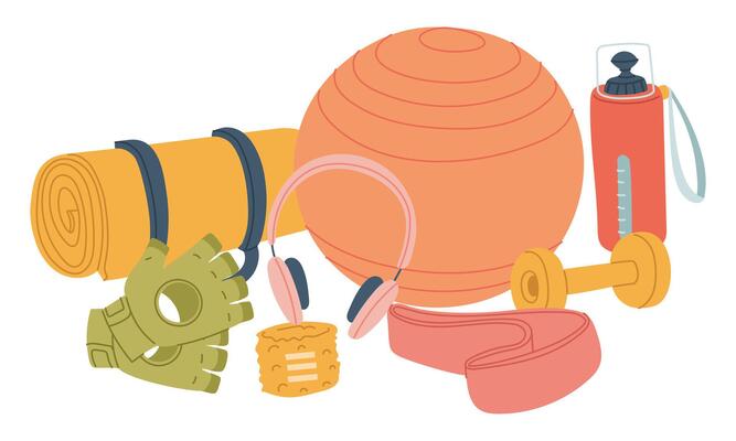 group of fitness elements scattered chaotically. Ball, headphones, water bottle, gloves, roll mat, dumbbells, bandage. Flat color illustration. For posters, sportswear, apps, packaging, and blogs