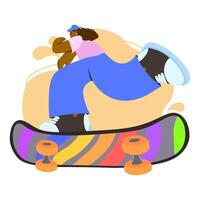 Skateboarder performing trick in mid air with oversized clothes and vibrant skateboard in dynamic pose vector