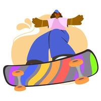 Flat design character seen from below riding skateboard with bright pants and rainbow colored deck vector