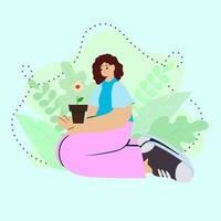 Flat illustration of a woman with curly hair kneeling with a potted flower. Surrounded by abstract green leaves and soft shapes. Pastel tones and modern cartoon style. vector