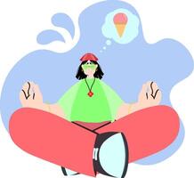 Flat of a girl meditating in lotus pose with a flower necklace and red pants. Ice cream in a thought bubble over abstract blue background. vector