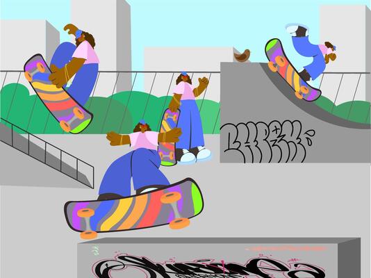 Stylized characters skateboarding in urban skatepark with graffiti ramp city buildings trees and concrete structures in flat colorful design