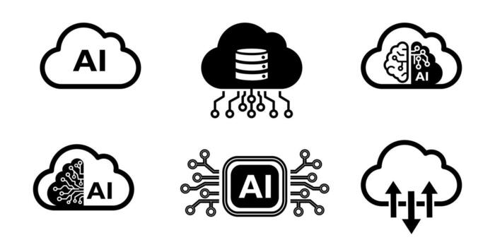 AI-powered cloud computing and data storage solutions icon set with integrated artificial intelligence and machine learning capabilities. illustrate flat design style. vector