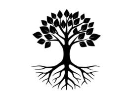 Tree of life is black silhouette logo, showcasing a full canopy of leaves atop a sturdy trunk with roots. vector