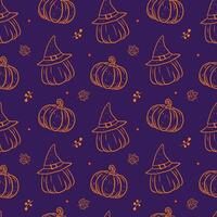 Halloween pumpkin pattern with witch hats in hand-drawn style. perfect for Halloween themes vector