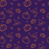 Halloween pumpkins and witch hats seamless pattern on dark background. vector