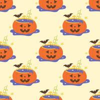 Seamless Halloween pattern with a cocktail straw in a pumpkin vector
