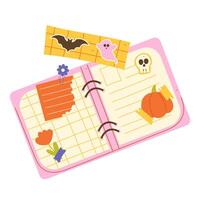 Flat illustration of a stylish daily planner decorated with pumpkin, skull and flower stickers, paper notes and clips on pastel background vector