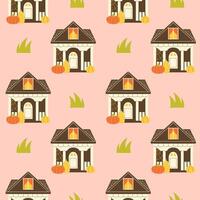 Seamless pattern with a cute Halloween house with pumpkins and cobwebs vector