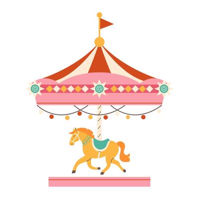Flat-style children's carousel with horses. Carousel with horses. Children's amusement park