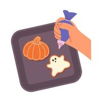 man makes Halloween gingerbread cookies, a ghost, and a pumpkin vector
