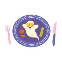Cute flat illustration of a egg shaped like a ghost on a plate. Halloween breakfast concepts, cafe menus vector