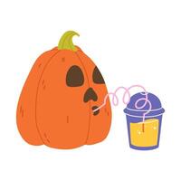 Flat illustration of a smiling pumpkin drinking fizzy soda through a straw. Halloween party designs vector