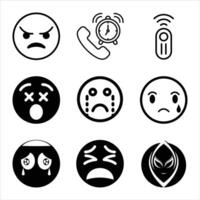Set Of Black And White Emojis Depicting Different Feelings And Technologies In Outline Style vector