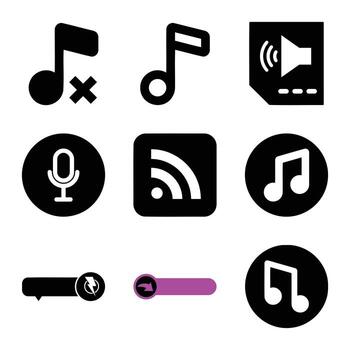 audio y multimedia icono conjunto presentando música, volumen, micrófono y rss vector