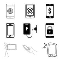 Smartphone Functionality And Usage Icons Set In Black And White Outlines With Stick Figure Holding Tablet vector