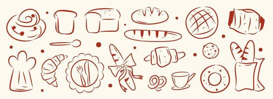 Bakery goods isolated collection. Line art outline elements of croissant, bread, cake, muffin, donut. hand drawn sketch illustration. For menu design, logo template. Set of food cute doodle. vector
