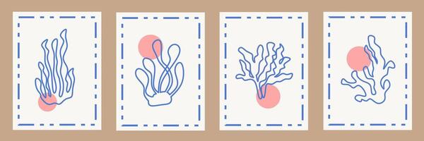 Abstract modern posters with outline coral. Contemporary print, nature themed, irregular chaotic shapes. Retro wall decor paintings with floral, seaweed, coastal. Summer illustration card collection. vector