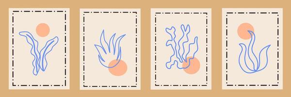 Abstract modern posters with outline coral. Contemporary print, nature themed, irregular chaotic shapes. Retro wall decor paintings with floral, seaweed, coastal. Line illustration card collection. vector