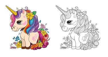 cute unicorn cartoon with colorful mane vector