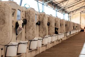 Rows of calf hutches with feeding buckets line a covered barn. A black and white calf peeks out, under a metal frame with translucent roofing. photo