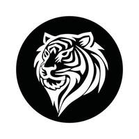 Tiger head logo in black circle background, featuring bold tribal line art, used in mascot design, tattoos, branding, and wildlife concepts. vector