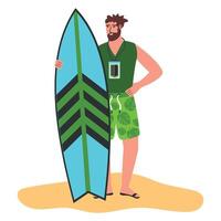 Man standing with surfboard. illustration of young cartoon surfer, eps 10 vector