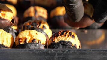 Roasting chestnuts over an open flame in the marketplace video