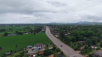 ein sanft Regen Stürze über öffnen Felder und Patches von Wald, mit neblig Berge im das Hintergrund. das cool Töne und Ruhe Bewegung machen zum ein perfekt Natur Clip. video