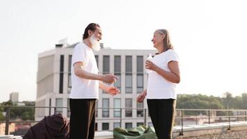 Elderly man and woman in casual clothing giving high five after rooftop morning exercise. Scene depicts smiles, fresh air, and healthy, happy lifestyle. Written to inspire positivity and activity. video