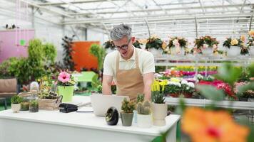 A caucasian man wearing an apron works at a table in a florist shop, surrounded by various plants and flowers, and using a laptop. video