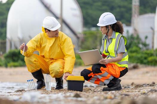 Environmental Scientists Collecting Water Samples for Analysis, Team of Engineers Conducting Environmental Impact Assessment, Industrial Pollution Monitoring and Water Quality Testing photo