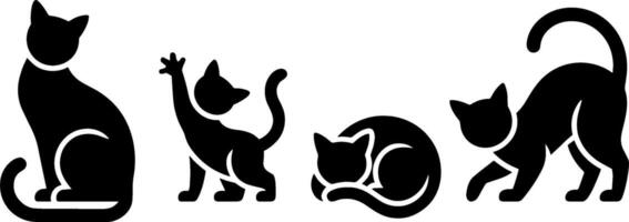 Black Silhouette Cat Poses Set Kitten Sitting Playing Sleeping Stretching vector