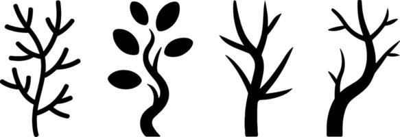 Black Silhouette Tree Branches with Leaves and Twisted Trunks vector