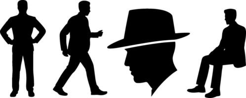 Silhouette Man Standing Walking Sitting Hat Profile Set vector