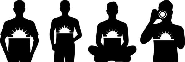 Person Using Laptop and Camera with Sunrise Symbol Meditation and Work Concept vector