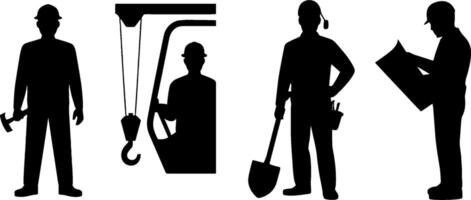 Construction Worker Silhouettes Building Site Labor Tools vector