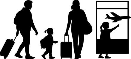 Silhouette Family Traveling Airport Terminal Children Pointing Plane vector