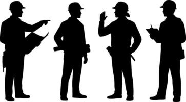 Construction Worker Silhouettes Helmet Blueprint Talks Checklist vector