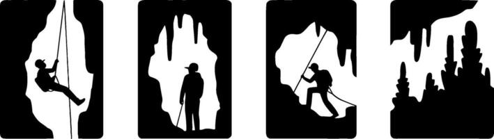Silhouette Cave Exploration Scenes Hiking Spelunking Adventures vector