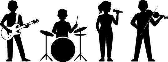Silhouette Band Playing Guitar Drums Microphone Violin Music Performance vector