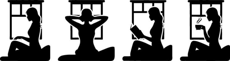 Silhouette Woman Relaxing Reading Drinking Coffee Window Scene vector