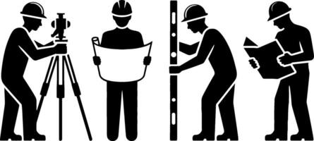 Construction Worker Surveyor Blueprint Reading and Level Measuring vector